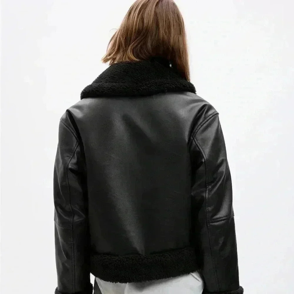 Gap Vegan Leather Sherpa-Trim Jacket Black Xs $168 - Picture 3 of 7